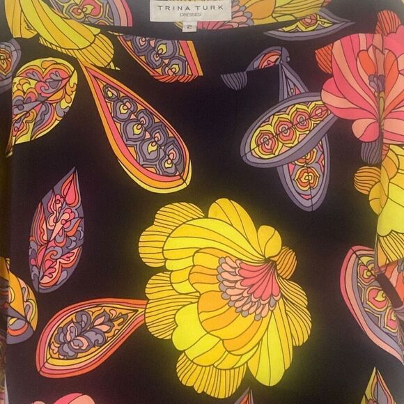 Trina Turk Vinet Escapade Mini Dress Navy Yellow Pink Floral Tie Sleeves Size 2 - Picture 5 of 9